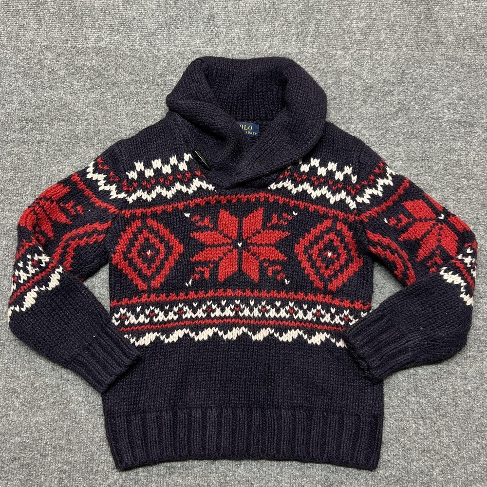 Polo Ralph Lauren Sweater Kids 7 Blue Fair Isle Cowl Neck Knit Winter Pullover